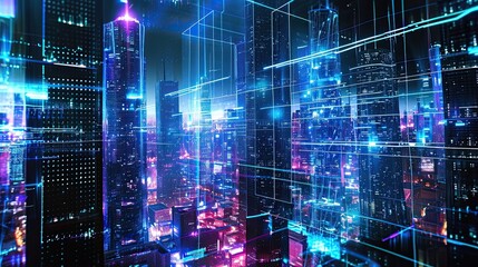 Fototapeta na wymiar Cybernetic city. Anti-design, progress, art, abstract, hologram, skyscraper, cyberpunk, hacking, virtual reality, matrix, futurism. Generated by AI