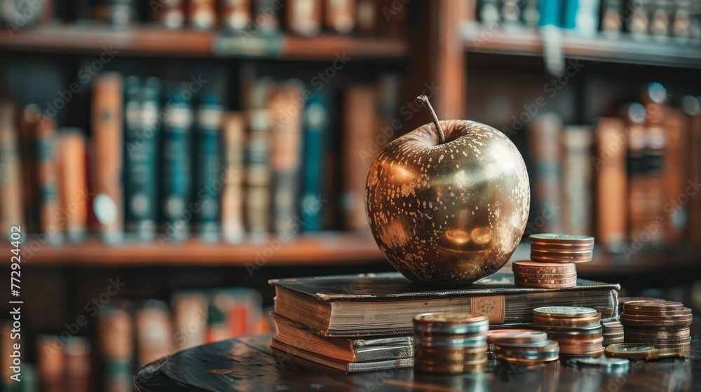 Poster a golden apple sits on top of a stack of books and coins. the scene is set in a library, with shelve