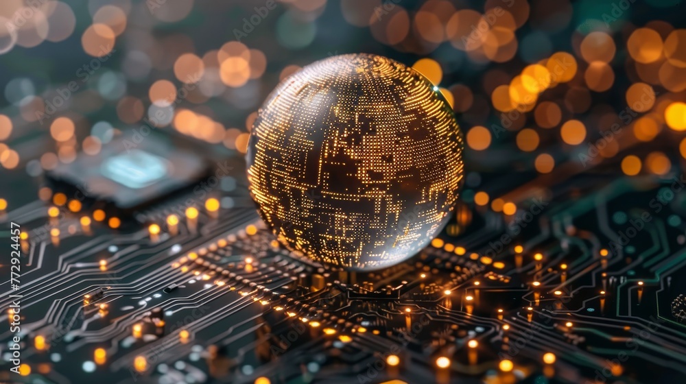 Poster a computer chip with a globe on top of it. the globe is glowing and surrounded by a lot of lights