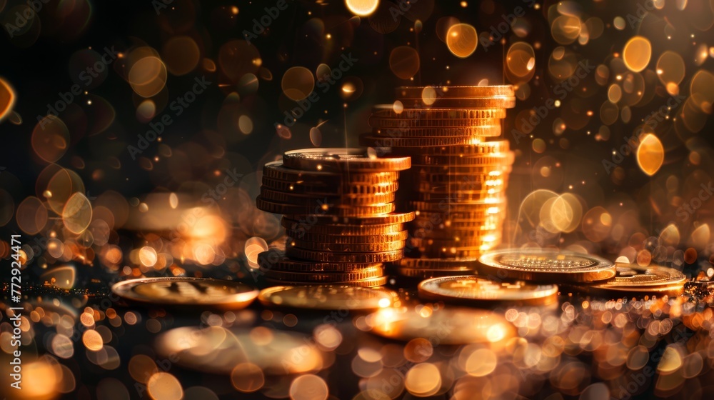 Poster a pile of gold coins with a blurry background. the coins are stacked on top of each other, creating 