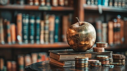 A golden apple sits on top of a stack of books and coins. The scene is set in a library, with shelves of books surrounding the table. The apple and coins create a sense of wealth and abundance - obrazy, fototapety, plakaty