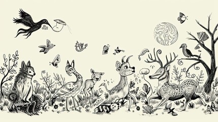Fairytale animals. Doodle, abstraction, fauna, zoo, forest, nature, birds, wool, mammals, wolf, fox, food, jungle, hunting, circus, predators. Generated by AI