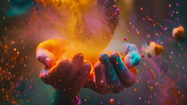Holiday Holi, an explosion of colorful colors Vivid, bright pigments Noisy dust and powder The sound flickers and shimmers.