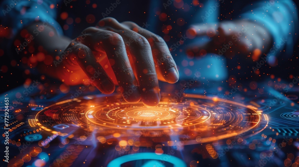 Poster a hand is touching a glowing circle on a screen. concept of wonder and curiosity, as if the viewer i