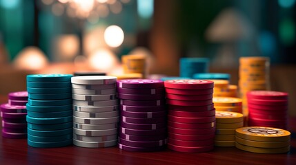 Poker Chips on a gaming table with dramatic lighting