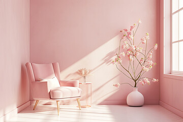 Empty pink room with a large window through which light enters, a single sofa and a pink plant.