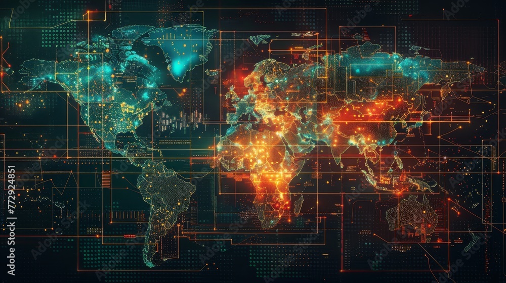 Poster a colorful, glowing map of the world with a lot of lines and dots. the map is made up of different c