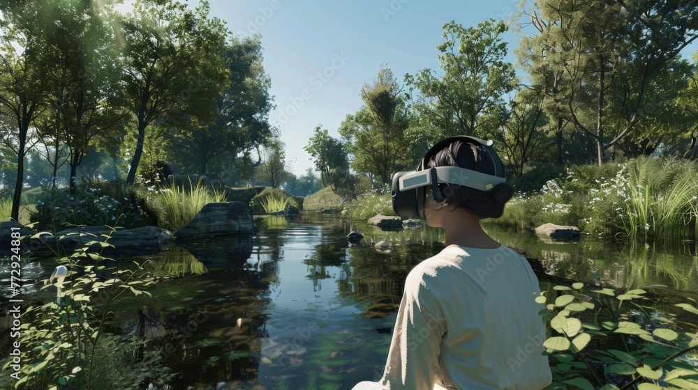 Poster man in virtual reality headset by river