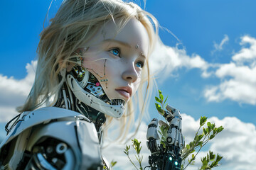 Humanoid woman holding a plant: a futuristic portrayal of harmony between technology and nature
