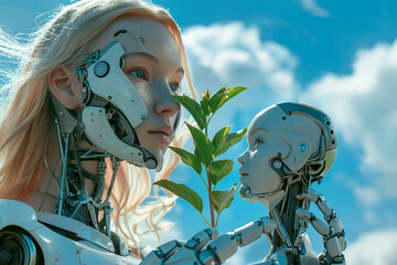 Humanoid woman holding a plant: a futuristic portrayal of harmony between technology and nature