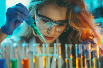 beautiful female scientist tests a test tube by pouring liquid into a container. scientific research