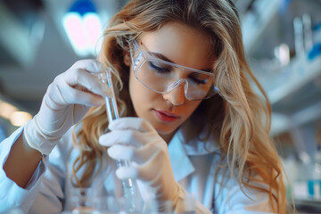 female scientist tests with a test tube, wears white gloves. 