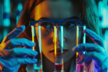 female scientist observes 3 test tubes while doing research.