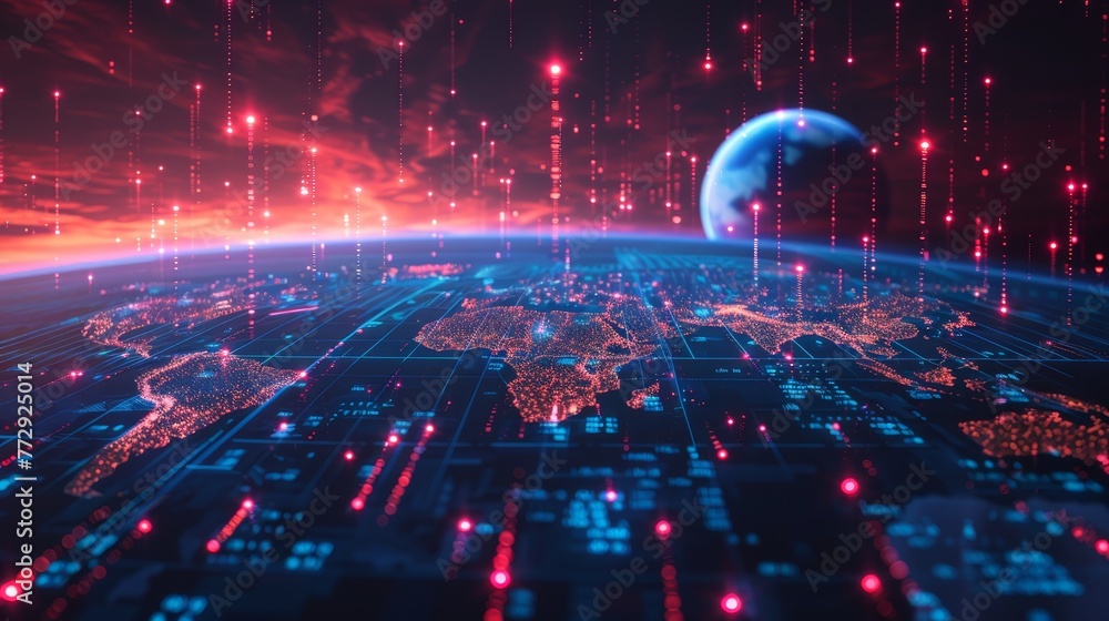 Poster a computer generated image of a planet with a city on it. the city is lit up with red and blue light