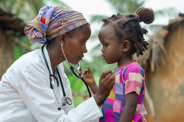 African-American nurse in a headscarf attends to an African child in an African village. - obrazy, fototapety, plakaty