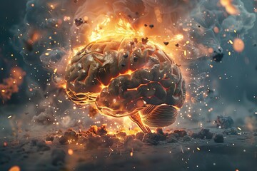 Human Brain Exploding with Creative Ideas and Knowledge, Conceptual 3D Render Illustration
