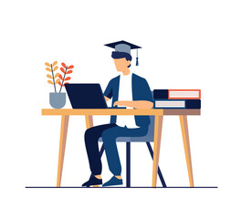 student with laptop with graduation head online education concept flat illustration
