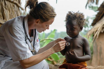 Caucasian doctor heals African children in African villages.
