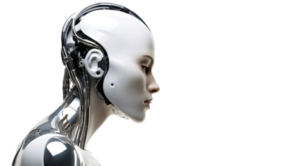 Innovative and futuristic female AI robot on a white backdrop. Technology, cyborg android humanoid theme