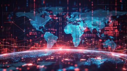 A computer generated image of a globe with a red and blue background. The globe is surrounded by a network of lines and dots, creating a sense of a futuristic, technological world