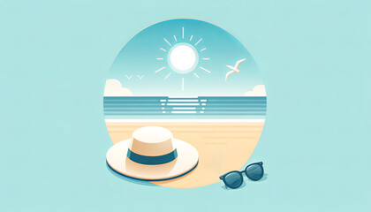 Summer vacation concept with a straw hat and sunglasses on a sunny beach, ideal for travel and holiday season promotions