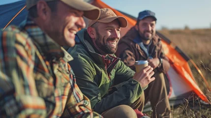 Foto op Canvas A group of male hunters drinking coffee outside their tent on a remote campsite © Zaleman