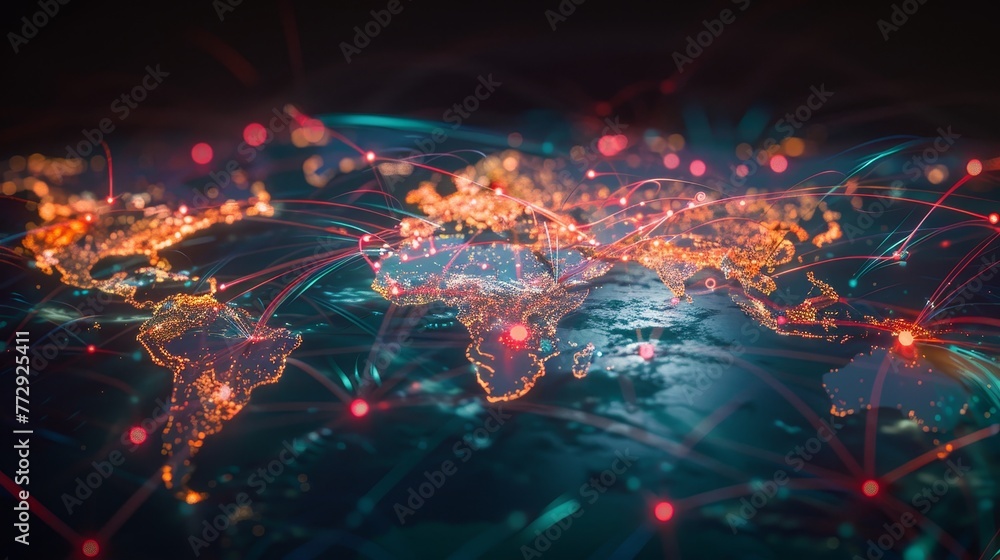 Poster a colorful, glowing map of the world with many lines connecting different countries. concept of inte