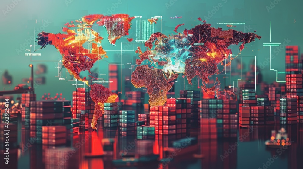 Poster a computer generated image of a city with a large red globe in the center. the globe is surrounded b