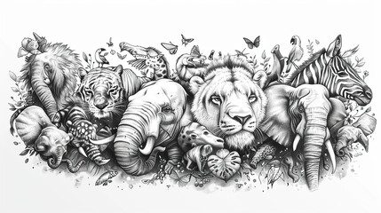 black and white sketch art of endangered species, Earth Day or World Wildlife Day concept. Save our planet, protect green nature and endangered species, biological diversity theme - obrazy, fototapety, plakaty