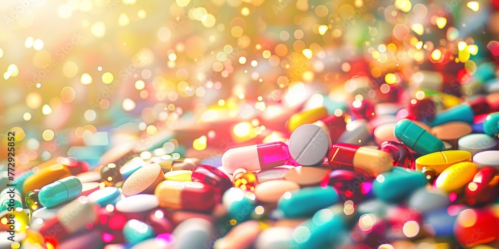 Poster a collection of various pills and capsules in vibrant colors are stacked up on a table