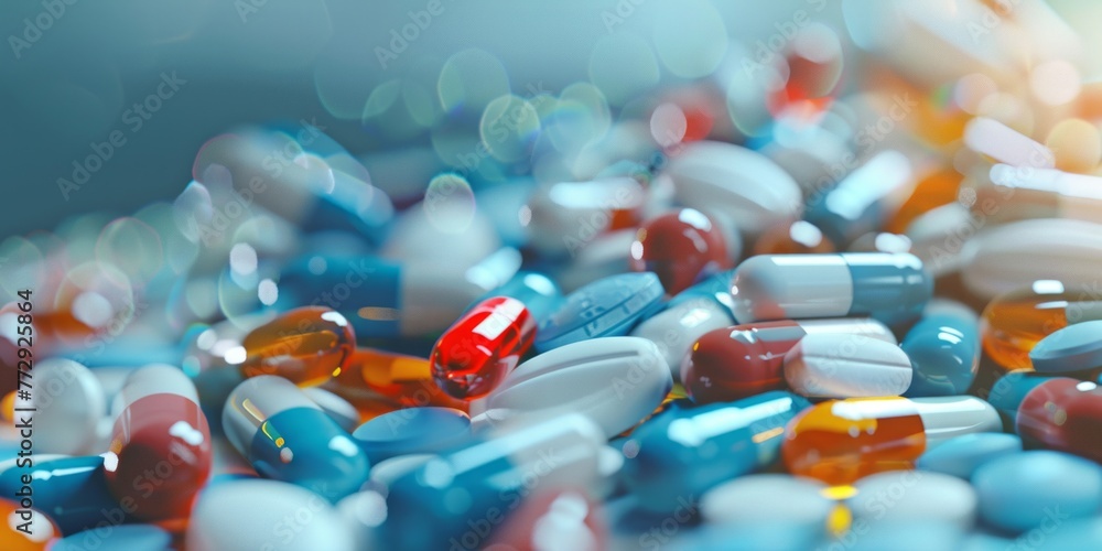 Poster multiple pills and capsules of different shapes and colors scattered on a table