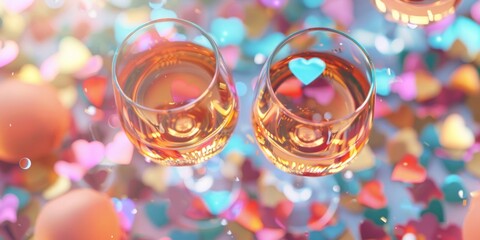 Two glasses of rosГ© wine placed on a table, ready to be enjoyed - obrazy, fototapety, plakaty