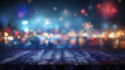 A wooden table set against a backdrop of vibrant fireworks lighting up the night sky