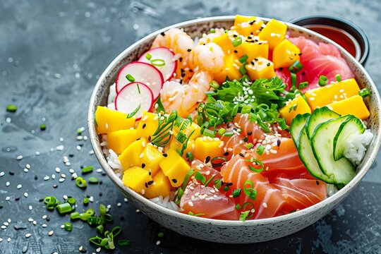 Colorful Hawaiian poke bowl with tuna, salmon, shrimp, avocado, mango, radish and rice, healthy food photo