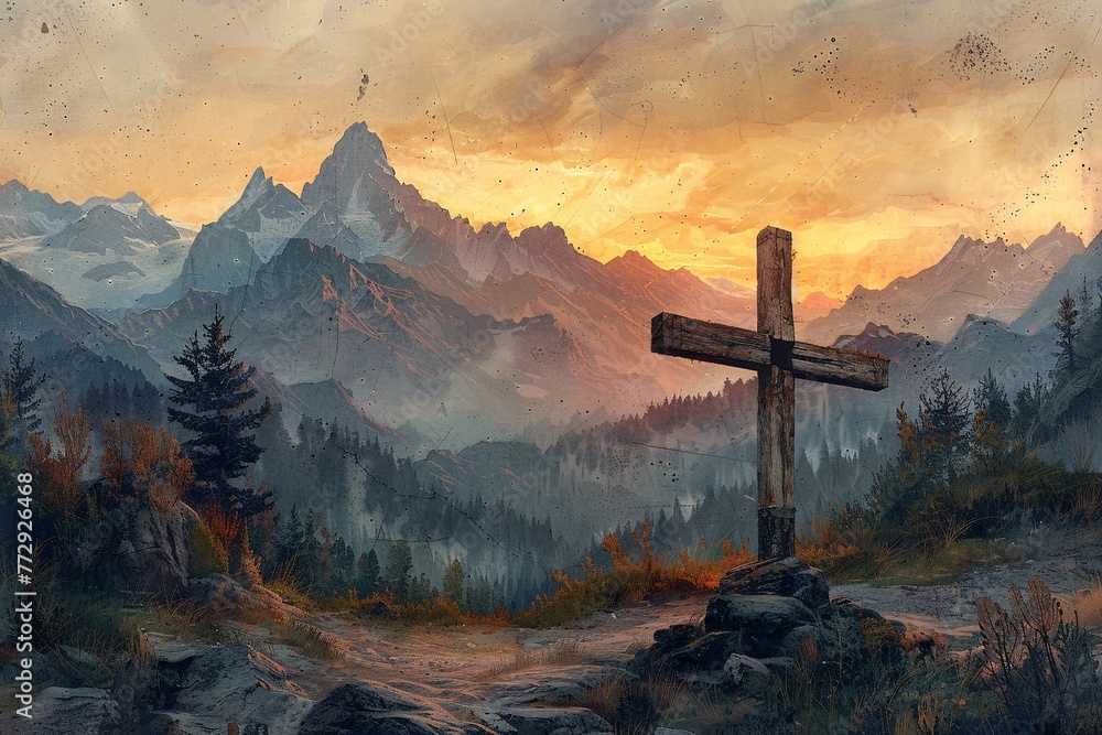 Aufkleber sunset crossing a serene mountain scene with a cross in the foreground generative ai