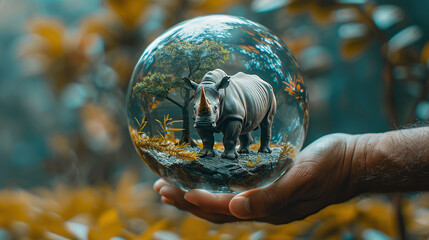glass globe with a rhino inside it, holded in hand of a human, Earth Day or World Wildlife Day concept. Save our planet, protect green nature and endangered species, biological diversity theme - obrazy, fototapety, plakaty