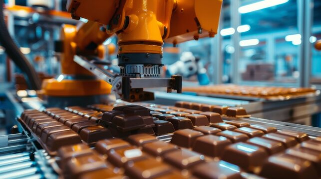 The process of producing chocolate products at a chocolate factory. Mechanized and automated technological production of sweets.