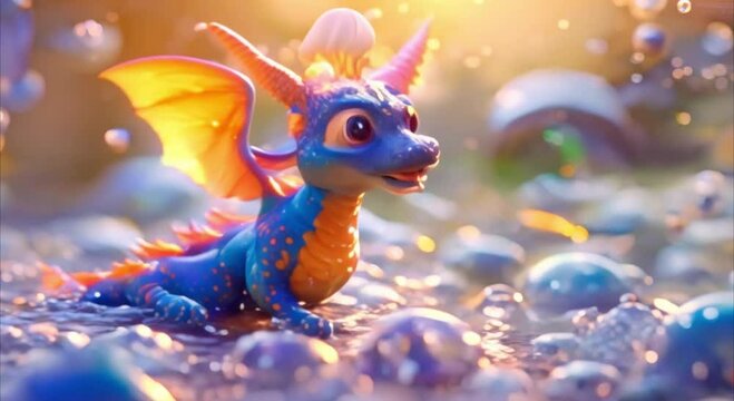 cute dragon cub with water bubbles footage