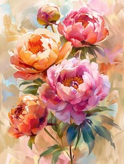Watercolor brushstrokes on peony bouquet, warm tones, 8K resolution, fullbodied and vivid