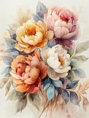 Watercolor brushstrokes on peony bouquet, warm tones, 8K resolution, fullbodied and vivid