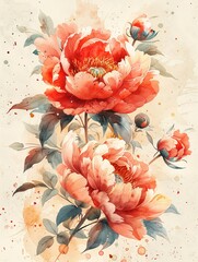 Rich warmtoned watercolor, peony bouquet, 8K, with lively brushstrokes, luxuriant and vibrant