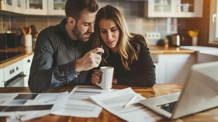 A couple reviewing mortgage paperwork at a kitchen table with a cup of coffee.