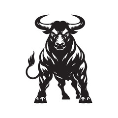 Vector Silhouette of an Angry Ox Exuding Raw Power and Intensity in Motion- Angry OX Black Vector Stock.