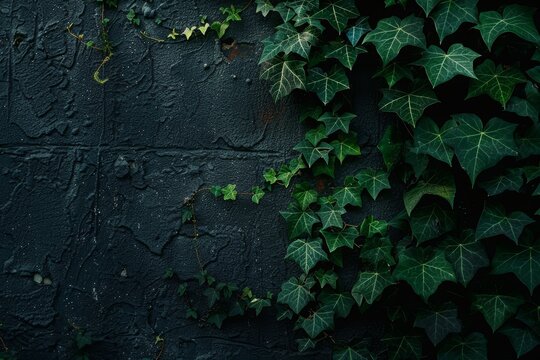Lush ivy vines climbing over a dark weathered wall, creating a contrast of vitality against decay