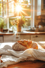 Naklejka premium beautiful homemade bread laying on the soft cotton kitchen towel on the table, rustic kitchen interior blurred on the background . Soft sun rays illuminate the scene. Comfort and cozy atmosphere.