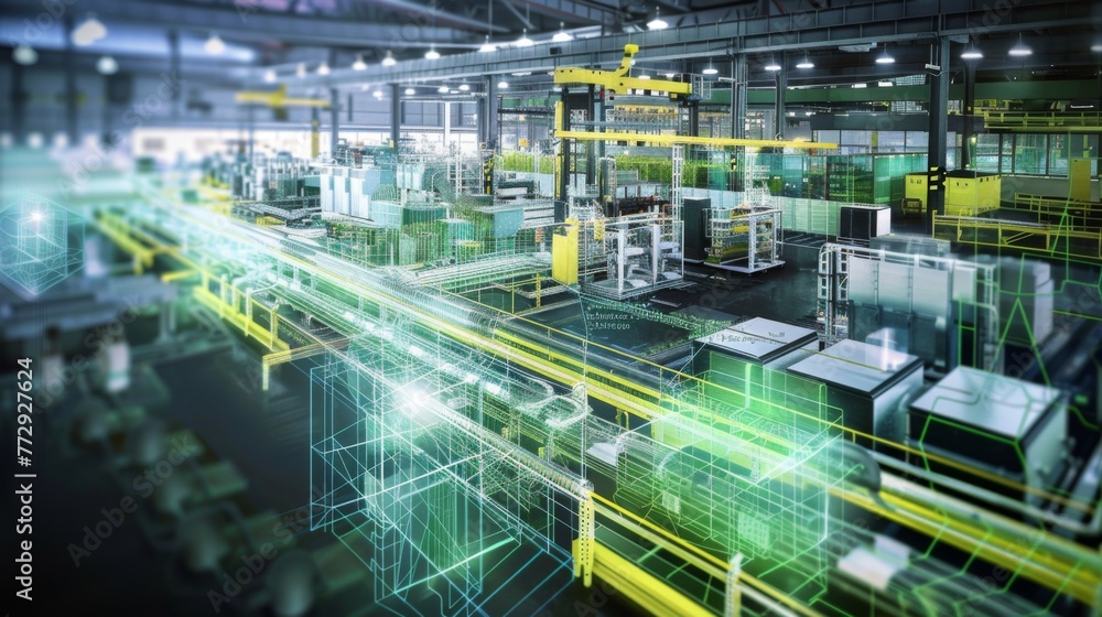 Poster high-tech factory floor filled with machinery