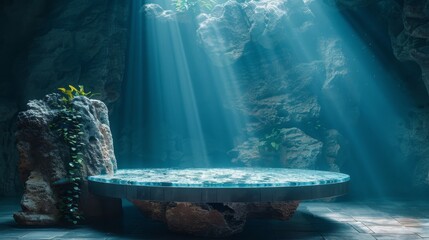 Underwater tranquility with light rays cascading over a rock-based glass platform amidst marine flora