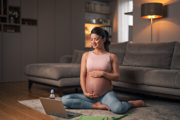 A beautiful pregnant woman watching a video tutorial on her laptop while sitting on the ground in...