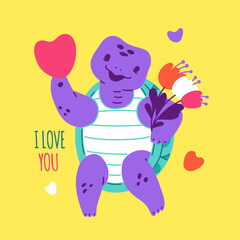 Love-themed turtle with heart vector illustration