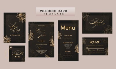 Wedding Card Suite Template Layout Decorated With Floral Black Golden Color